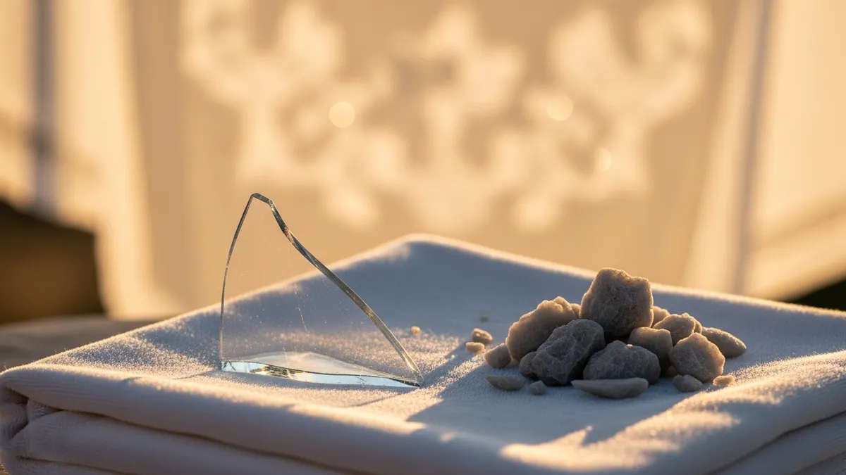 Glass shard and fragments on white velvet cloth in golden light with blurred embroidered chuppah fabric behind