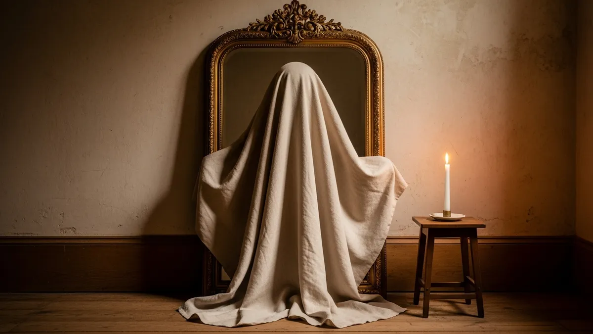 Ivory linen cloth draped over an antique mirror in a warmly lit mourning room with a single lit candle