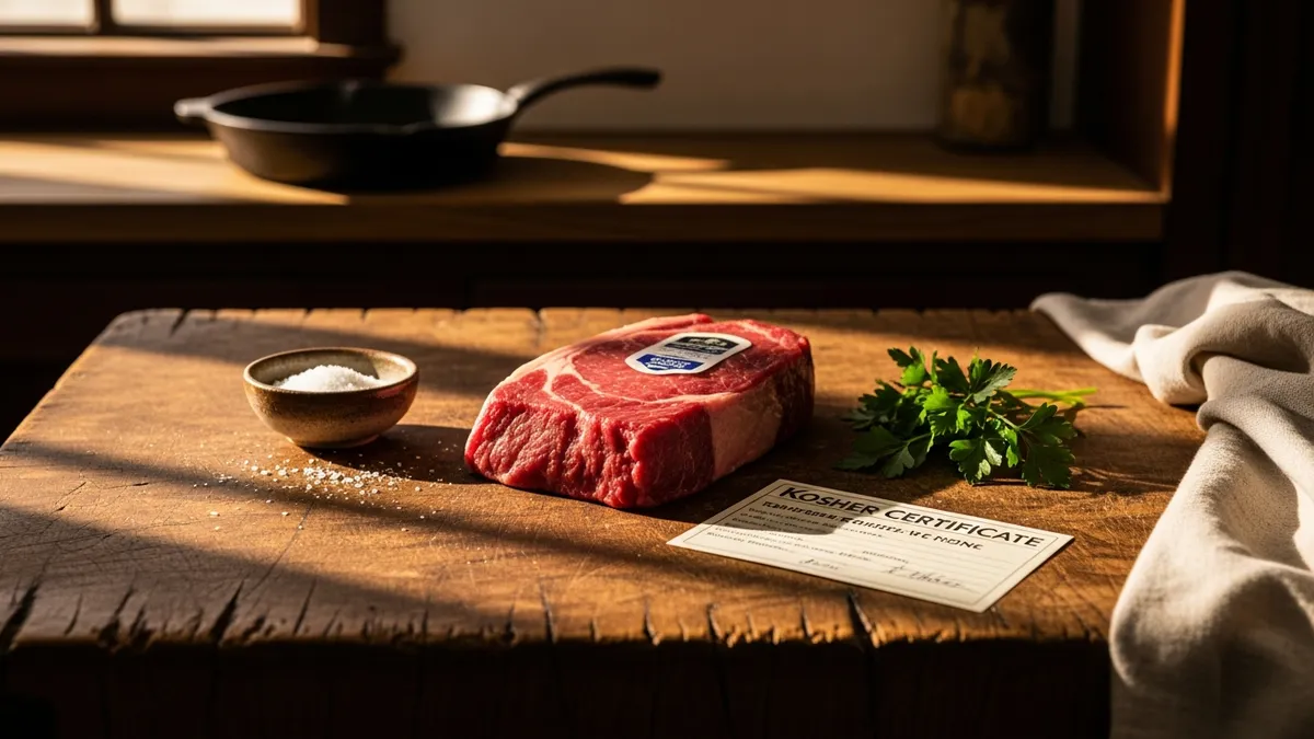 Sunlit kosher kitchen still-life with a ceramic plate, fresh herbs, and cast-iron pots on a worn butcher-block