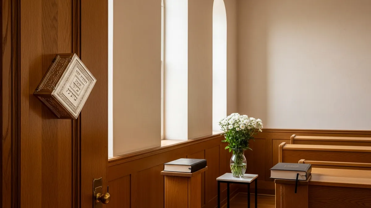 Two chairs at a distance across a polished wooden table in a warm interior, with a mezuzah on the doorpost