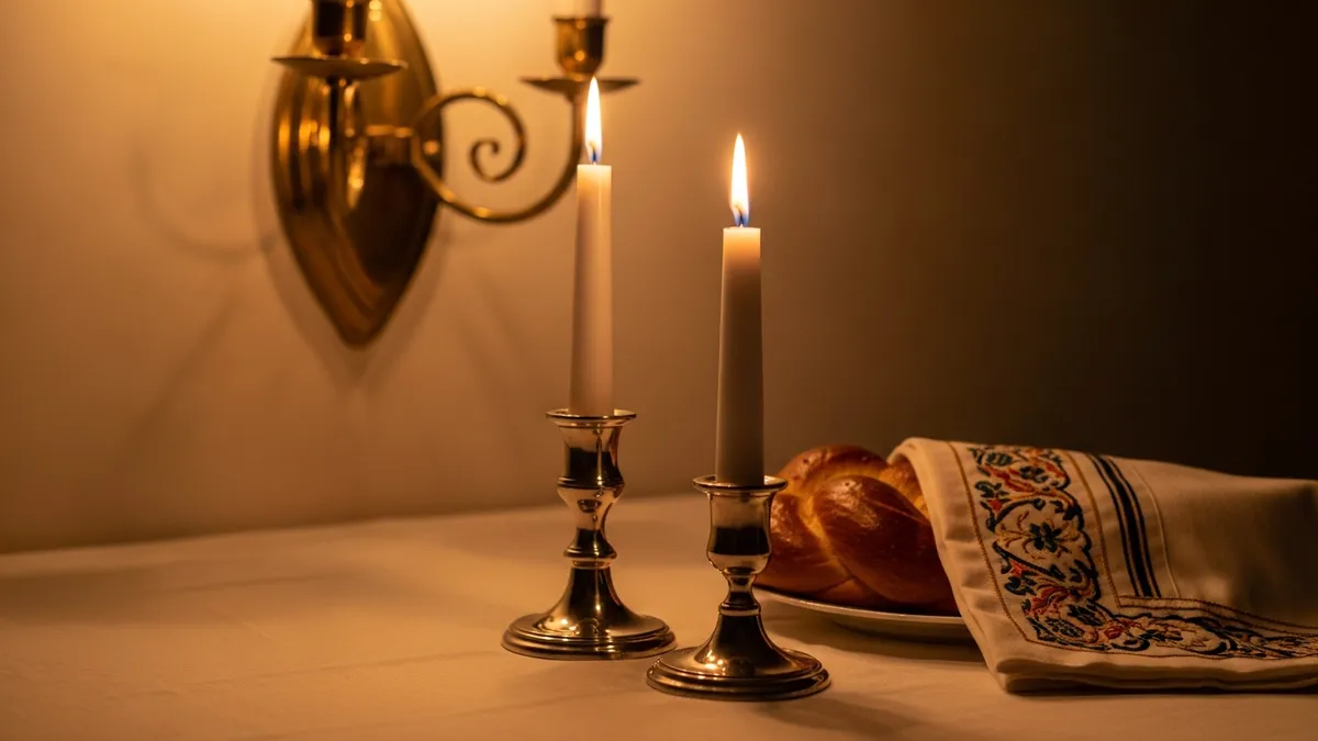 Silver Shabbat candlesticks with burning candles beside a covered challah on a white linen tablecloth