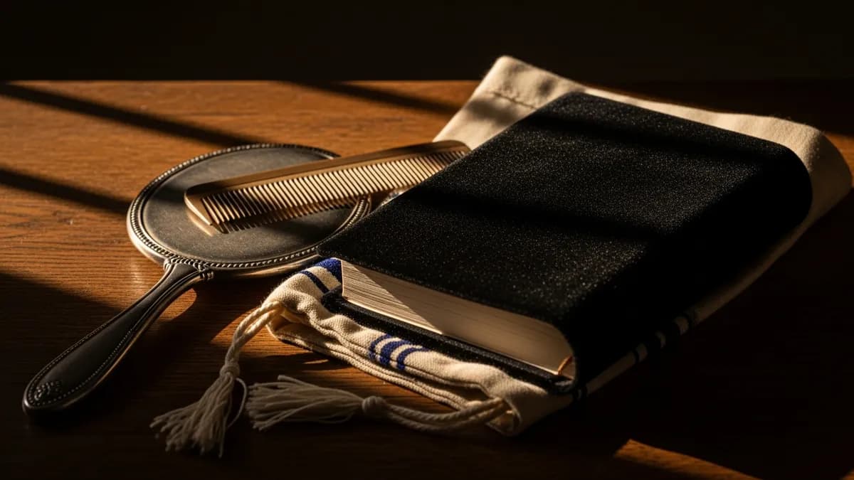 A grooming comb and hand mirror resting beside an open leather-bound Torah commentary on parchment paper