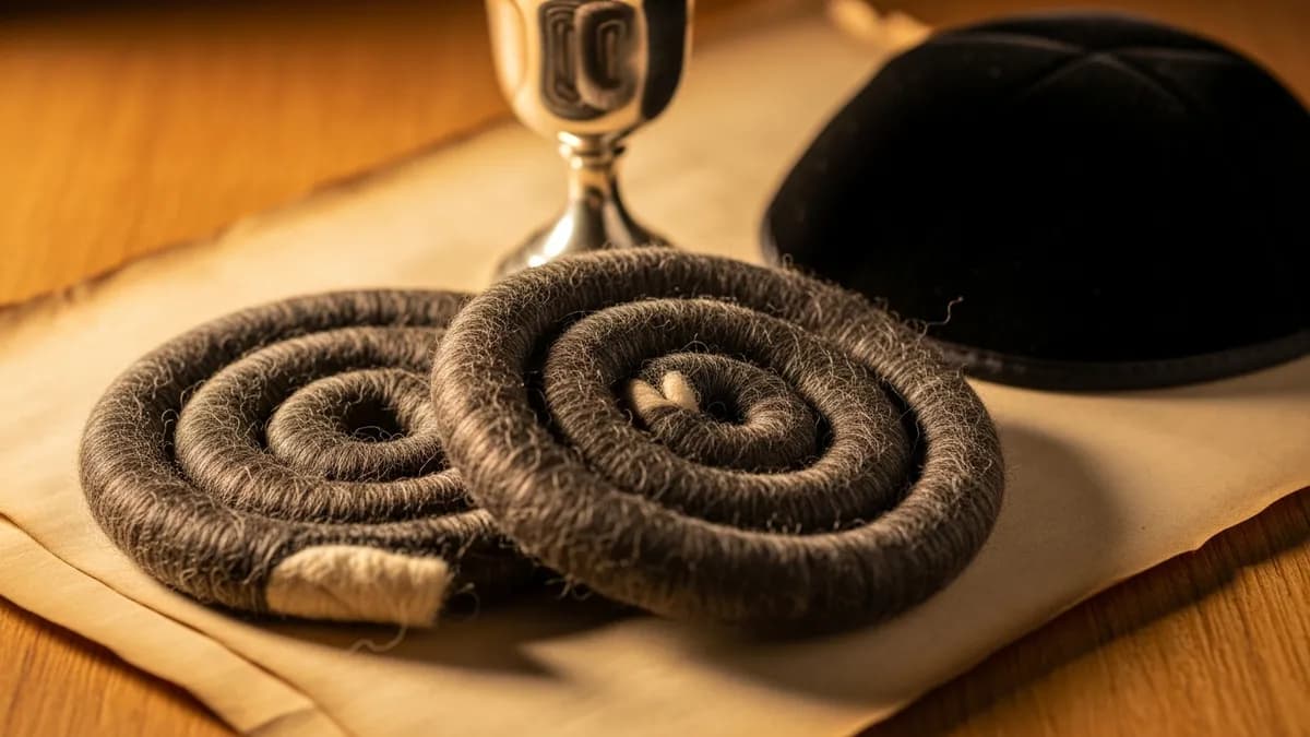Black velvet kippot resting on a worn wooden study table beside an open halachic text in warm window light