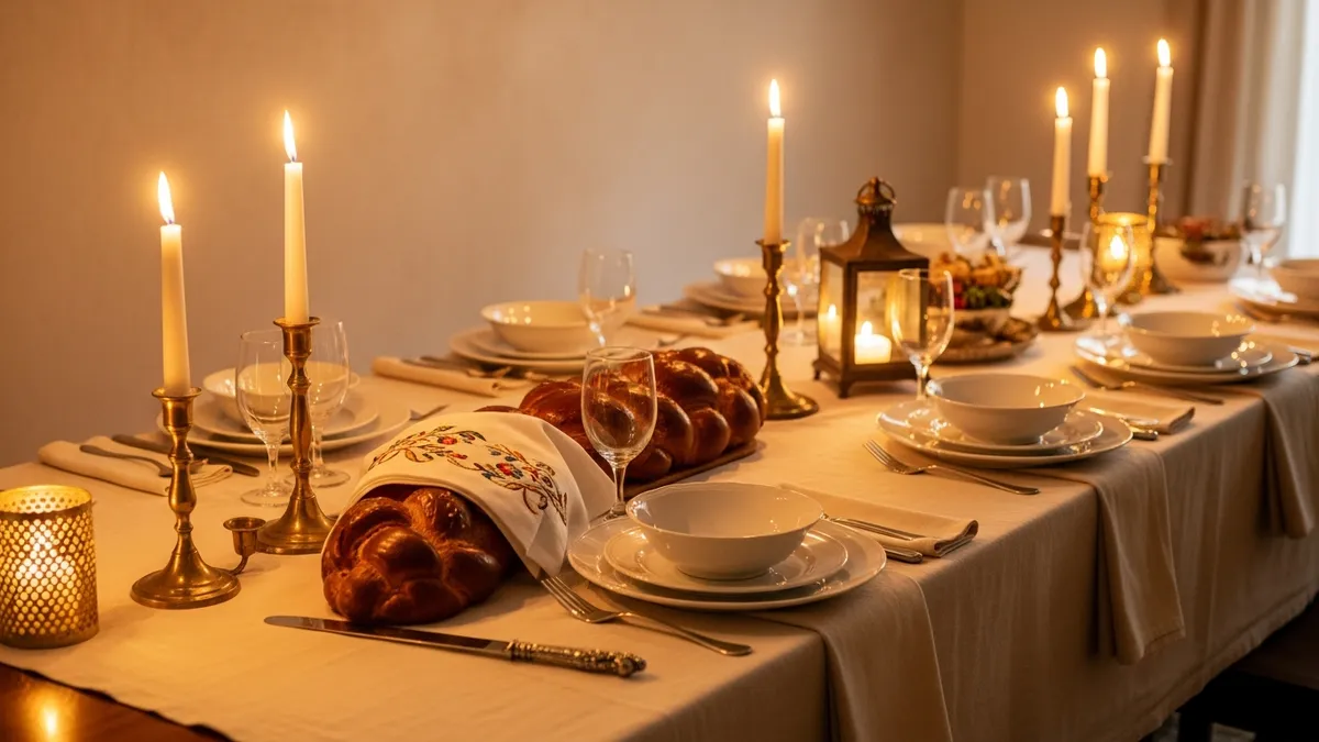 Shabbat table set for a large family — brass candlesticks, braided challah, many place settings in warm golden candlelight