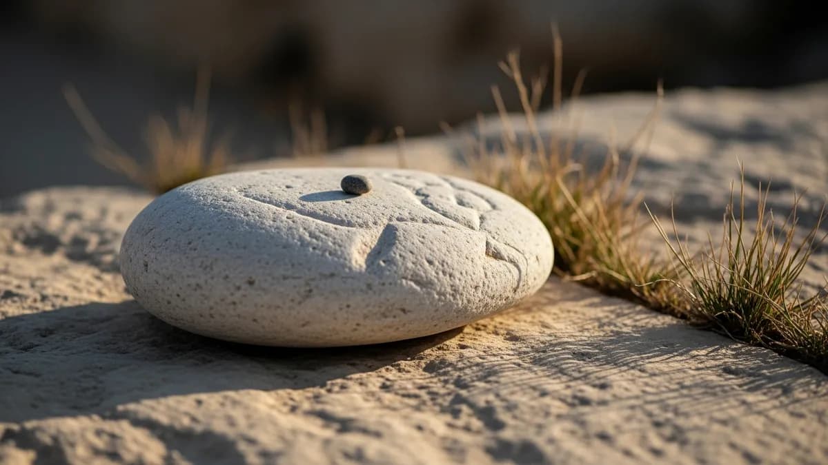 A small smooth stone resting on a weathered limestone grave marker in warm afternoon light, symbolizing remembrance