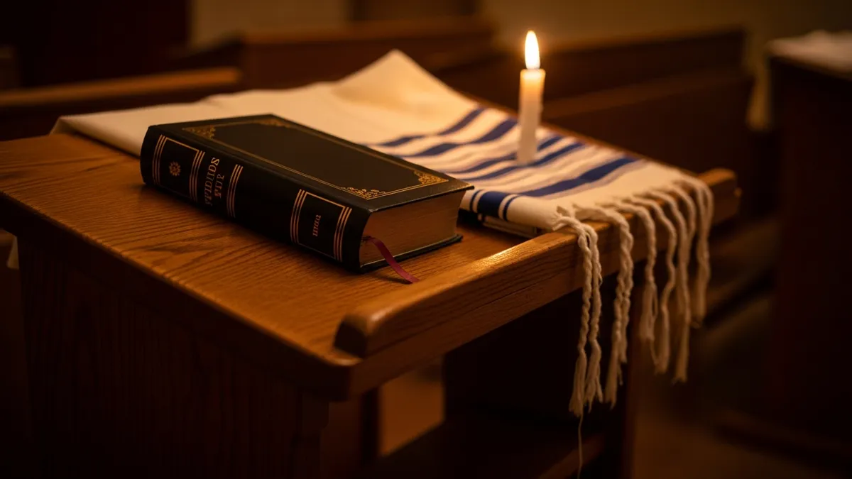 Open siddur on a wooden prayer lectern with a tallit draped nearby and a flickering candle in warm amber synagogue light