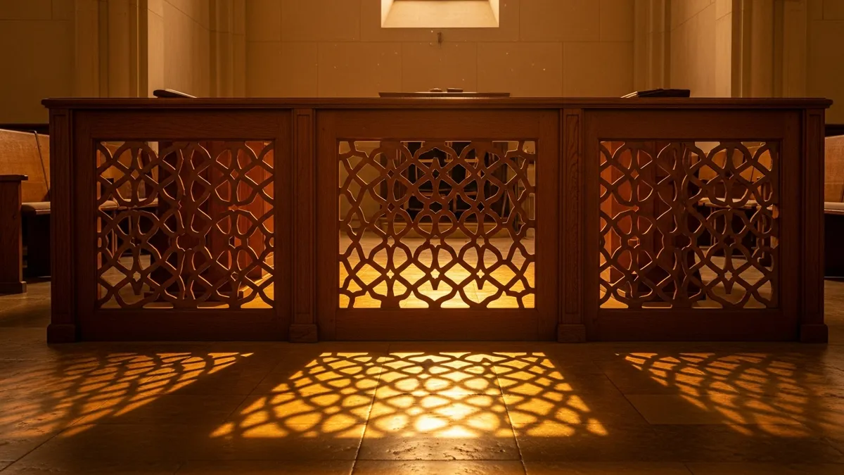 Ornate carved wooden mechitza partition in an empty synagogue casting warm golden lattice shadows on stone floor