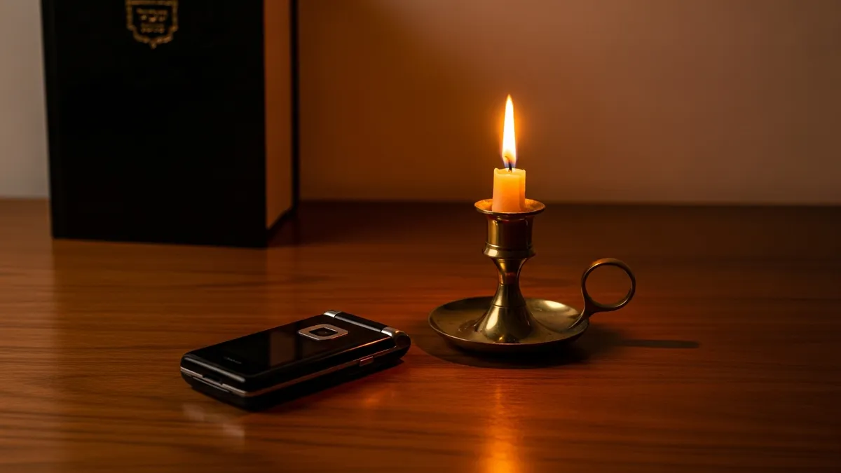 Closed flip phone resting beside open religious books and a glowing brass candle on a worn wooden study table