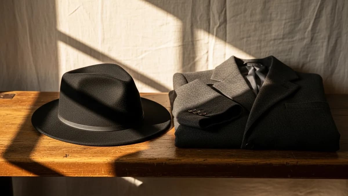 Black felt fedora and folded dark wool suit jacket on a wooden bench bathed in warm golden window light