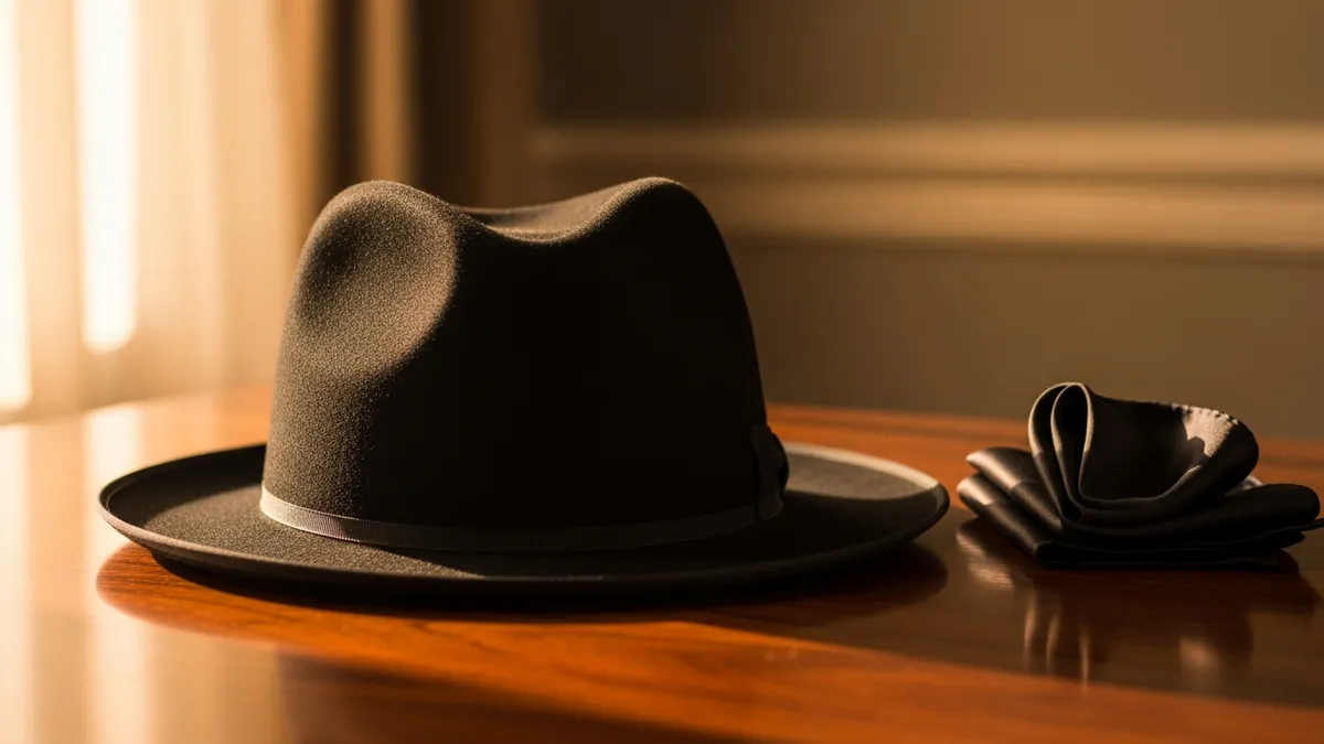 Classic black felt fedora resting on a worn wooden study table beside an open leather-bound volume in warm golden light