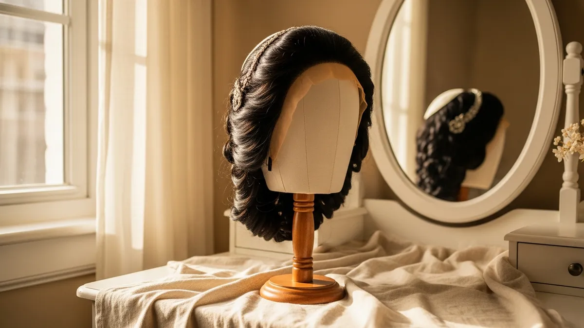 Elegant dark sheitel wig on a wooden stand beside a softly lit vanity mirror in warm cream and amber tones