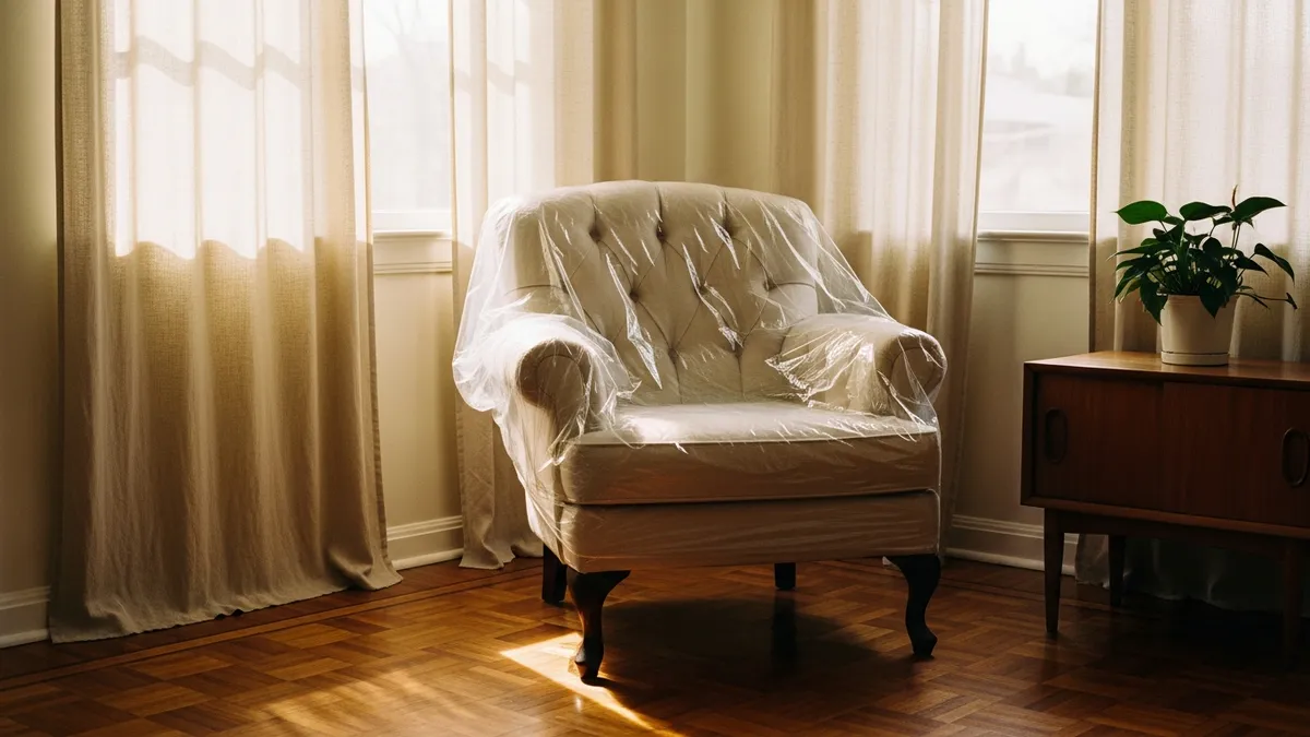 Tufted armchair partially draped in clear plastic cover in a warm sunlit living room corner with parquet floors