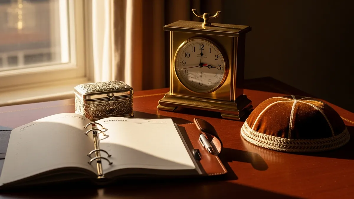 Wooden desk with leather planner, brass clock, and spice box in warm late-afternoon window light