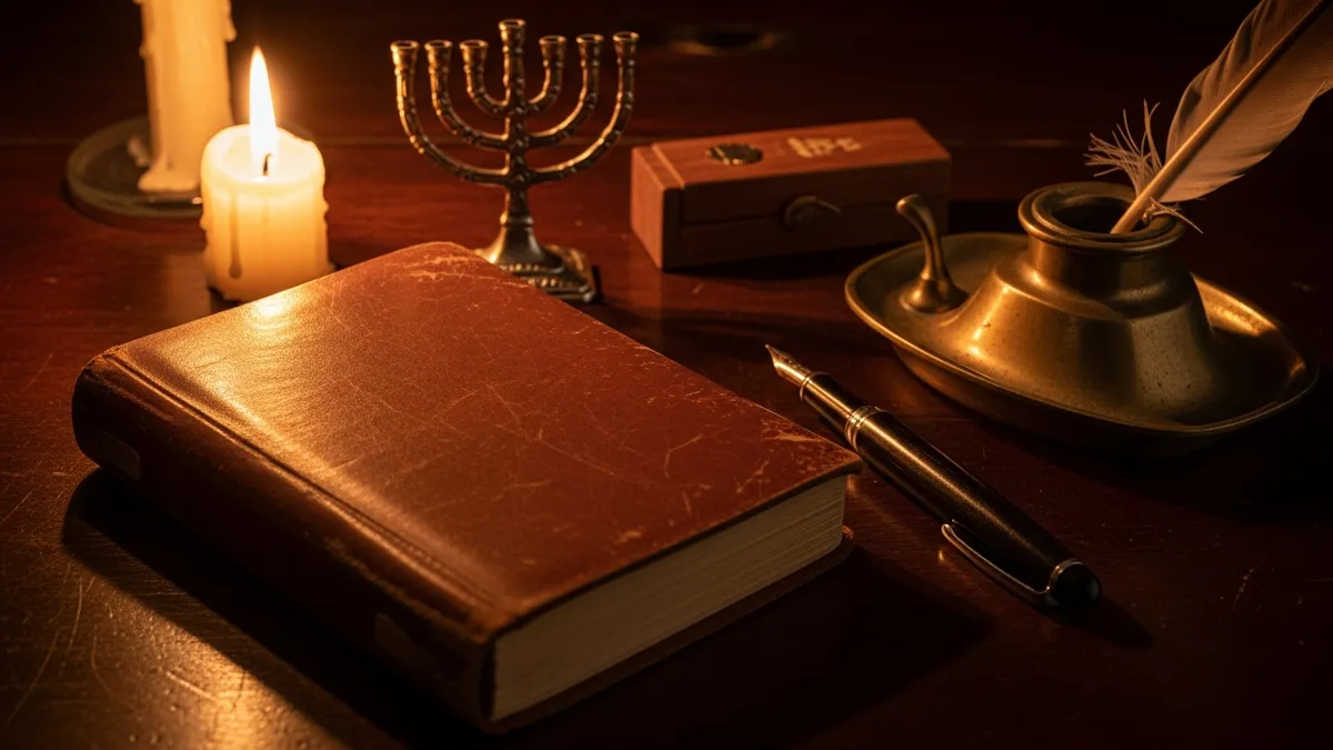 Open religious book beside a leather notebook and fountain pen on a worn wooden writing desk in candlelight