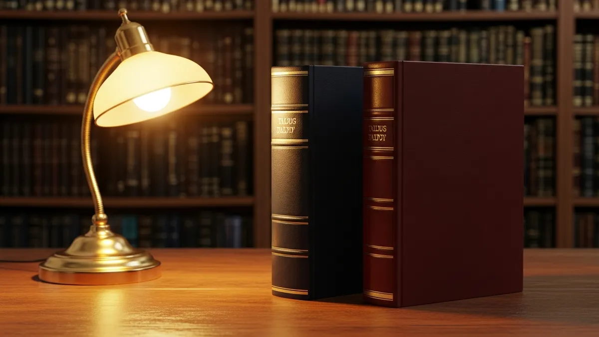 Two open Talmud volumes on a yeshiva study table under warm lamplight with shelves of books in soft focus