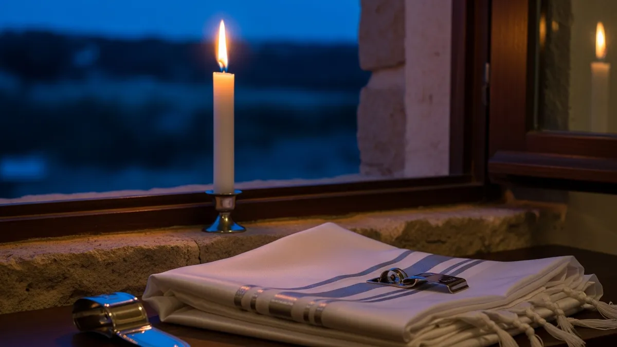 Tall white candle burning at dusk beside a folded white tallit with silver stripes on a stone windowsill