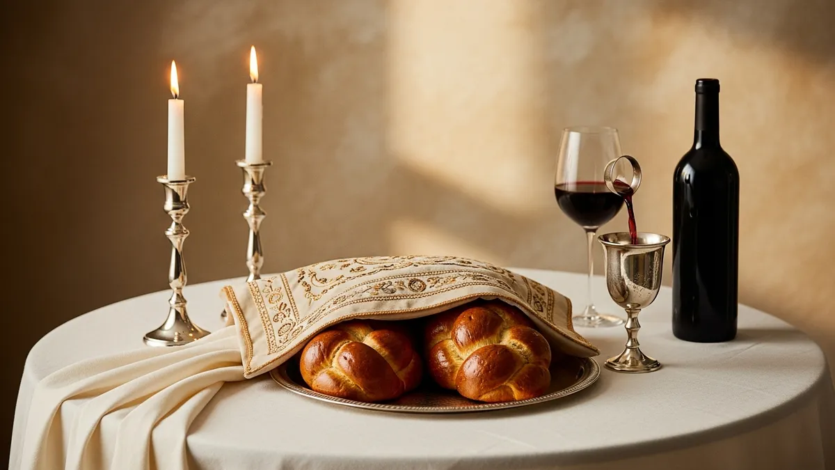 Set Shabbat dinner table with silver candlesticks, lit candles, covered challah, and silver kiddush cup